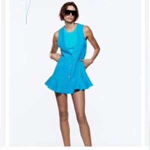 Zara Textured Mini Dress With Flounce Hem Turquoise Sleeveless Tweed Size XS